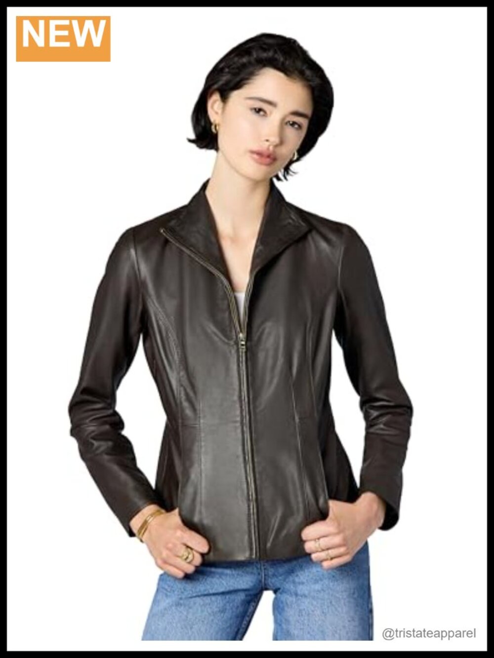 Leather Wing Collared Jacket Tailored Fit Long Sleeve Zip Up
